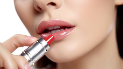 Witness the allure of glamorous lips in this close-up shot of a woman applying lipstick with style and charm.