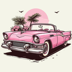 Vector illustration of a pink classic convertible retro car - obrazy, fototapety, plakaty