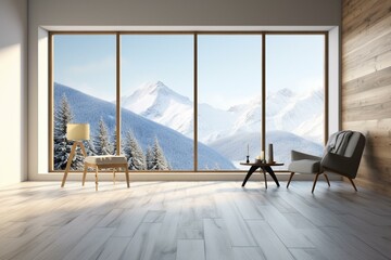Minimalist living room with wood floor, white wall, black chair, big windows, and winter scene background with snow covered mountains outside. Generative AI