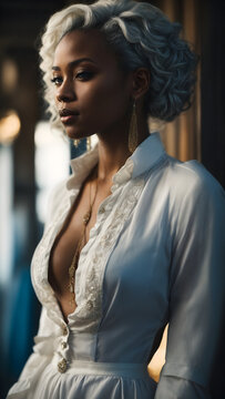 Side View Portrait Of A Black Woman With White Hair And Blue Eyes