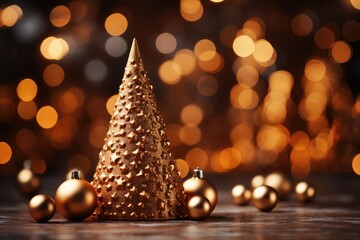Fototapeta na wymiar Golden christmas tree on bokeh background. Christmas and New Year concept. A Cozy Chocolate Christmas Background with Bokeh Lights and Christmas Tree. 