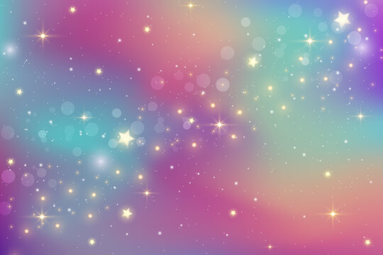 Fototapeta Rainbow fantasy background. Bright multicolored sky with stars and bokeh. Holographic illustration in pastel violet and pink colors. Cute cartoon girly wallpaper. Vector.