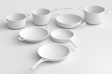 Set of flying stewpot, frying pan and chrome plated cookware on monochrome