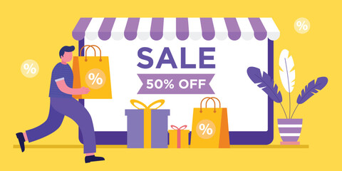 Sale banner design template. Online shopping. Vector illustration in flat style.