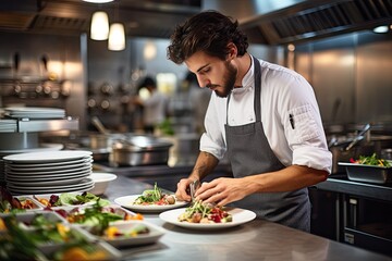 Chef preparing food in a restaurant for visitors. Cook man neatly decorates the dish. Young professional chef adding some piquancy to meal. Format photo 3:2.