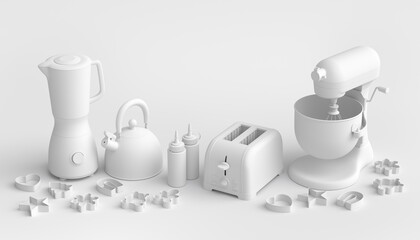 Mixer and bowl with kitchen utensil for preparation of dough on white background