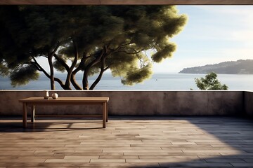 Wooden bench in the terrace overlooking the sea. 3d rendering