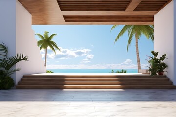 3d rendering of a modern terrace with sea view and palm trees