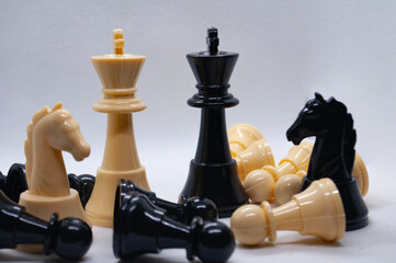 Close up of kings of chess game. Battle, strategy and tactics.
