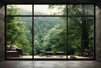 Interior of modern living room with wooden floor and panoramic window overlooking green forest - Powered by Adobe