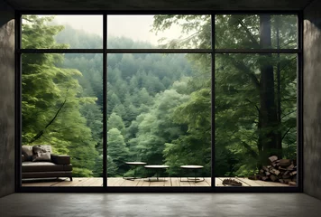 Fotobehang Interior of modern living room with wooden floor and panoramic window overlooking green forest © Gorilla Studio