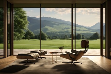Interior of modern living room with panoramic window and mountain view