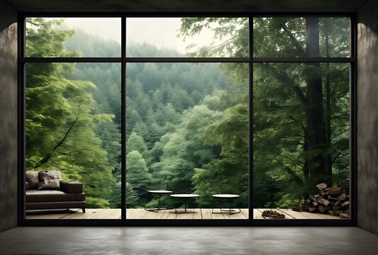 Fototapeta Interior of modern living room with wooden floor and panoramic window overlooking green forest