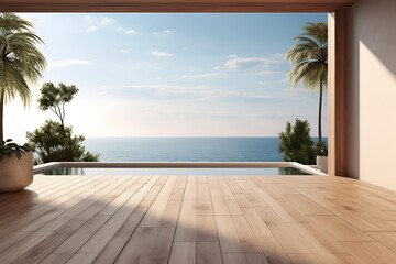 Balcony overlooking the sea and palm trees. 3d rendering