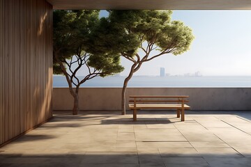 Wooden bench in a terrace overlooking the sea. 3d rendering