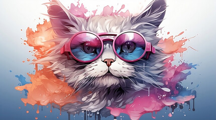 A detailed illustration of a print of a colorful cute gray cat wearing sunglasses, fantasy splash, modern t-shirt design, in the style of Studio Ghibli, light white and pink pastel tetradic colors