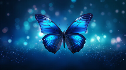 Blue butterfly, blue lights and stars background, Generative AI