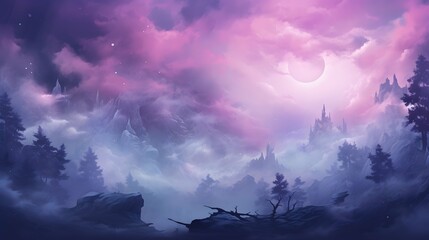 Cinematic motion dark pink clouds over foggy mist forest tree silhouettes desktop wallpaper background, ai generated