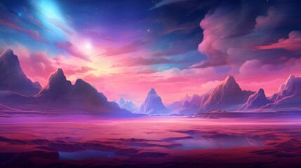 Fantasy colorful sci-fi landscape scenery dreamy landscape desktop wallpaper background, ai generated 