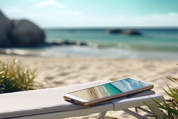 Concept of digital detox. Smartphone lying on a chaise lounge on a seascape background.