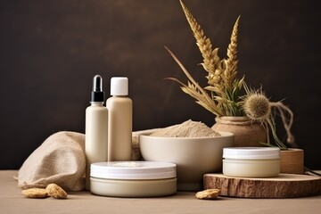 Concept of natural cosmetics. Cosmetic bottles and jars with cosmetic natural ingredients.