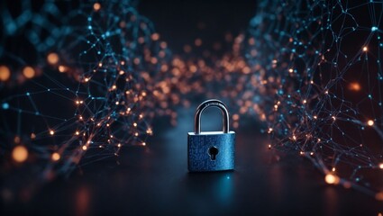  image of a virtual padlock safeguarding a complex network of interconnected nodes. The padlock symbolizes protection while the nodes represent the vital information flowing through secure channels