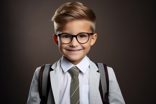 Portrait of a smiling cute schoolboy wearing a shirt and tie on a dark brown background.