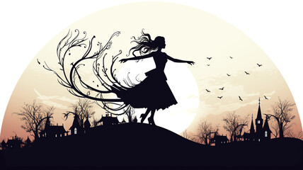 Experience a spine-tingling Halloween with Spooky Silhouette Witches and Broomsticks, where witchy wonders and broomstick magic come to life at the costume party. - obrazy, fototapety, plakaty