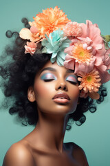 Portrait of a cute romantic African American woman with her eyes closed with colorful flowers in her hair on a pastel blue background.