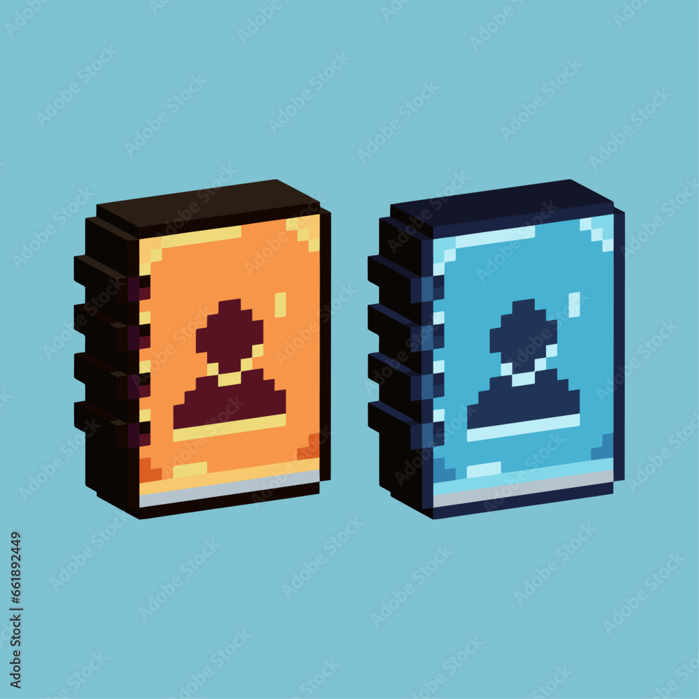 Poster isometric pixel art 3d of profile books for items asset. business profile books on pixelated style.8