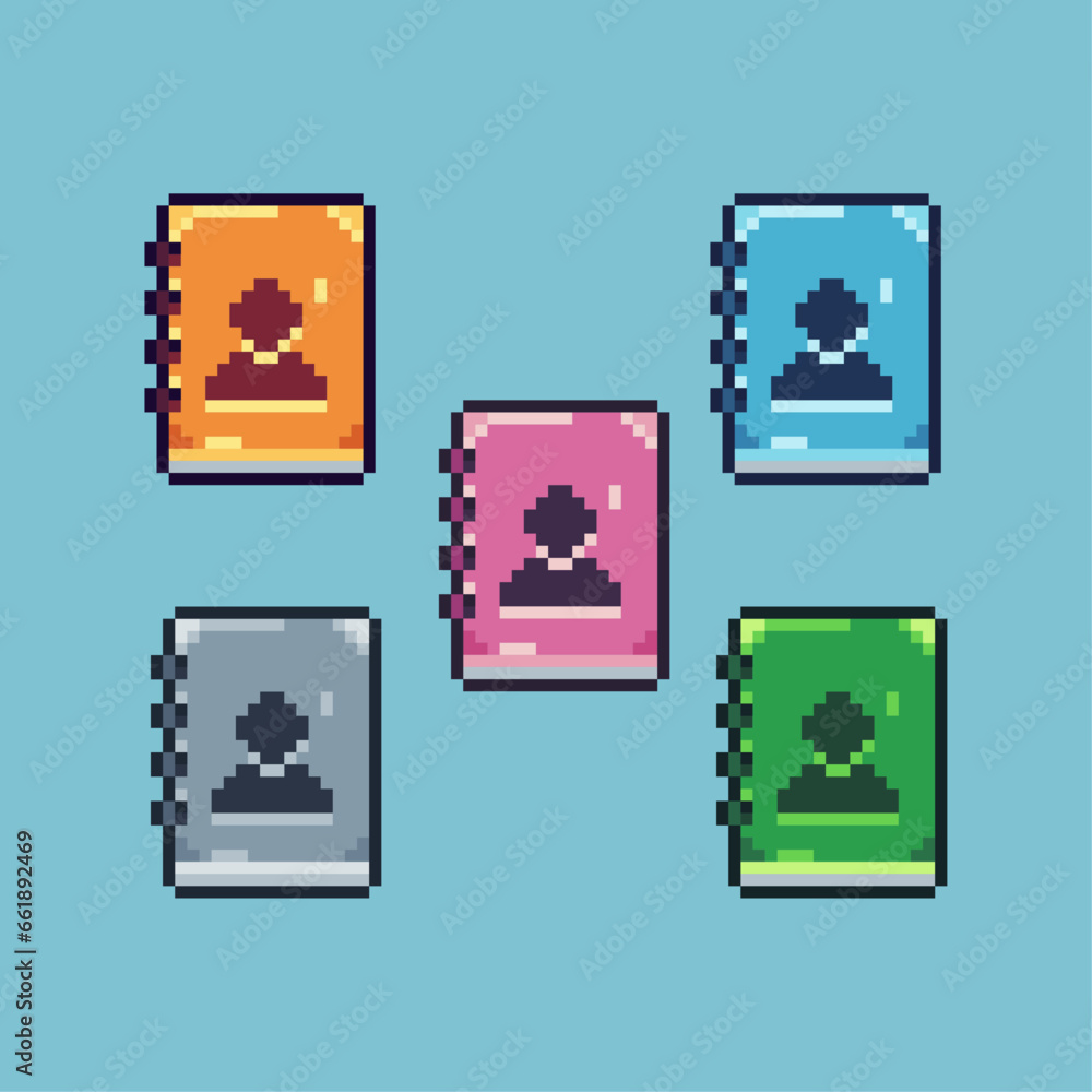 Poster pixel art sets of profile books with variation color item asset. simple bits of books on pixelated s