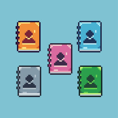 Pixel art sets of profile books with variation color item asset. Simple bits of books on pixelated style. 8bits perfect for game asset or design asset element for your game design asset.