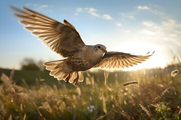 Vogel im Landeanflug auf einer Wiese, Sommer (Generative AI, KI) - obrazy, fototapety, plakaty