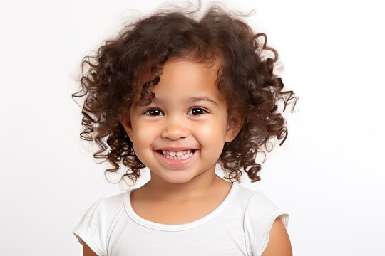 Curly-haired child with bright smile on white background. Close-up portrait with focus on facial expression. For child model campaigns.