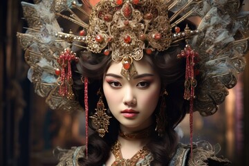 Intricate gold headpiece with red gems, dark-haired model in traditional attire. Use for cultural representation.