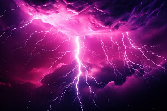 Colorful pink electrical storm with tornado vortex and bright electricity lightning storm background. Generative AI