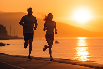 Jogging workout. Silhouette of a young couple during jogging workout on the beach at sunset. - obrazy, fototapety, plakaty