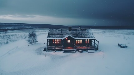 Scene of cold nature, a view from drone of a snow field with a cabin wooden house, created with Generative Ai technology.