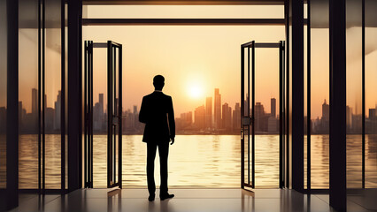 Fototapeta na wymiar back view business man standing at Building channel at sunset, Confident Businessman Standing at Open Bright Light Door. Business man Silhouette Stands in Shiny Open Gate with blur city background