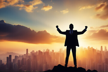 Silhouette of Business man Celebration Success Happiness on a mountain top in front of bright sunset