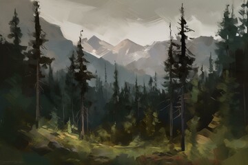 Thick brushstrokes depict alpine forest and mountains. Generative AI - obrazy, fototapety, plakaty