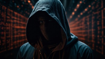 Portrait of an anonymous hacker, wrapped in a hoodie, against a background of strings of complex binary code. Cybersecurity, cybercrime, cyberattack, generative AI
