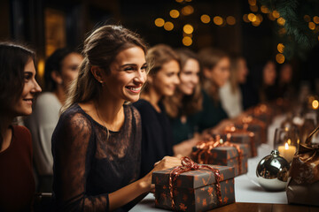 Beautiful young woman with freinds or colleages enjoying christmas party, Christmas and New year concept. - obrazy, fototapety, plakaty