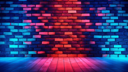 Brick wall textured with blue red and purple neon glow light, electric and grunge style dark futuristic brick wall background.