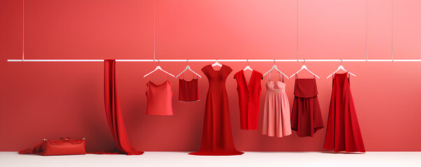 Rack with stylish women's red clothes near a red wall. Elegance, femininity. Bright clothes on a hanger. Women's clothing store concept, banner for internet design, sale. Copy space.