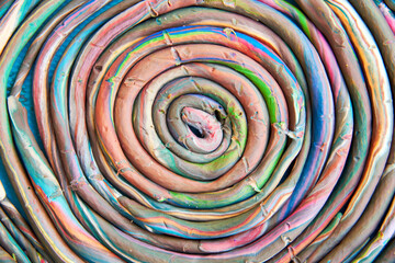 Abstract texture with colorful plasticine spiral made by kids in kindergarten. Toy and play theme backgrounds