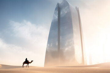  futuristic skyscraper in the arabian desert in sunset, silver building.