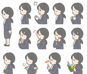 若い女性の上半身表情セット（横向き、スーツ）