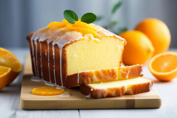 Orange homemade pound cake. Moist loaf with orange zest on bright background. Generative AI