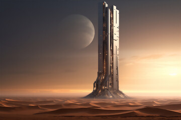  futuristic skyscraper in the arabian desert in sunset, silver building. - obrazy, fototapety, plakaty